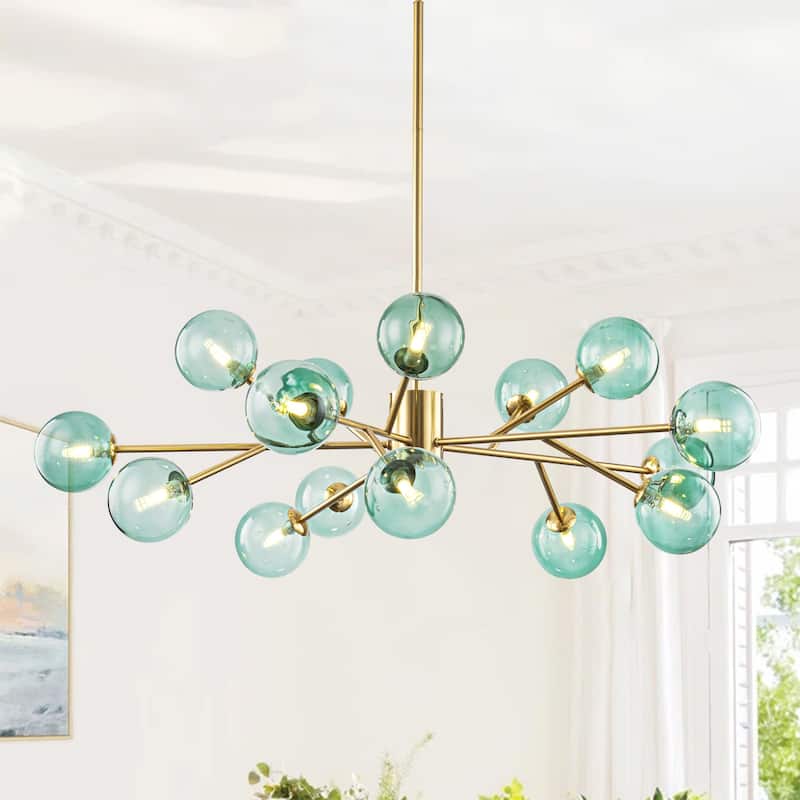15-Light Modern Glam Linear Sputnik Green Glass Globe Bubble Chandelier for Living Room