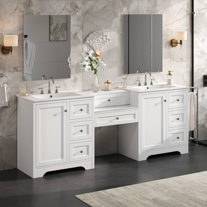 Christopher Knight Home - Wooden 84 Inches Double Sink Bathroom Vanity (Separate Sink) with Engineered Stone Countertop - White