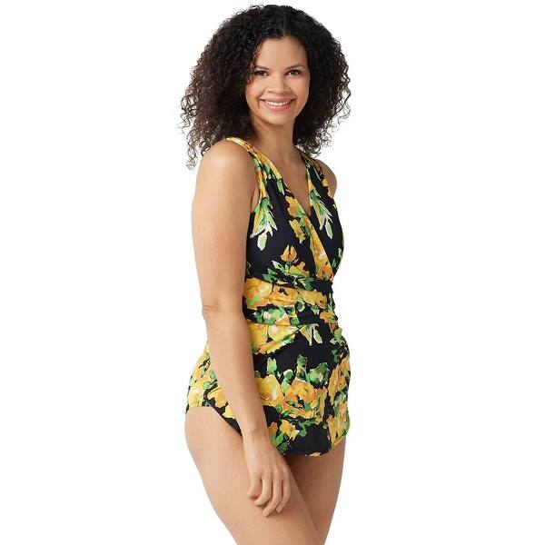 slide 1 of 4, Denim & Co. Beach Womens Surplice One-Piece Swimsuit 14 Yellow A350357