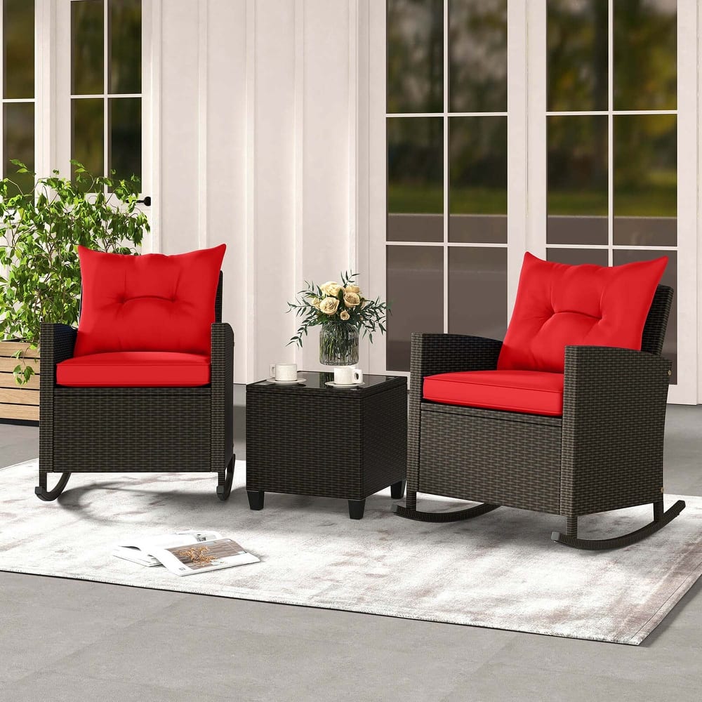 Costway 3 PCS Patio Wicker Rocking Set with Tempered Glass Table & - See Details