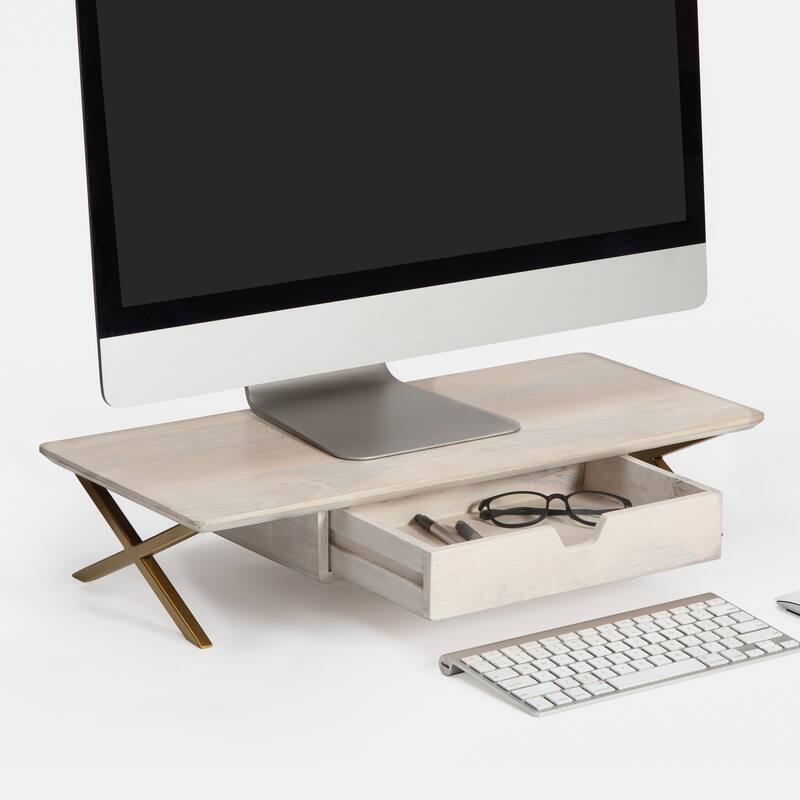 Jani Wood Monitor Stand Riser Desk - Ergonomic Design Stand, Desktop Organizer Table for Home, Office Workspace, Gaming Desk - Off-White