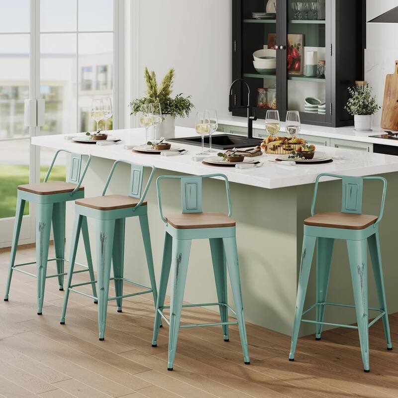 Industrial Style Counter Stools with Metal Frame 24" Kitchen Counter Height Stools with Low Back and Wooden Seat