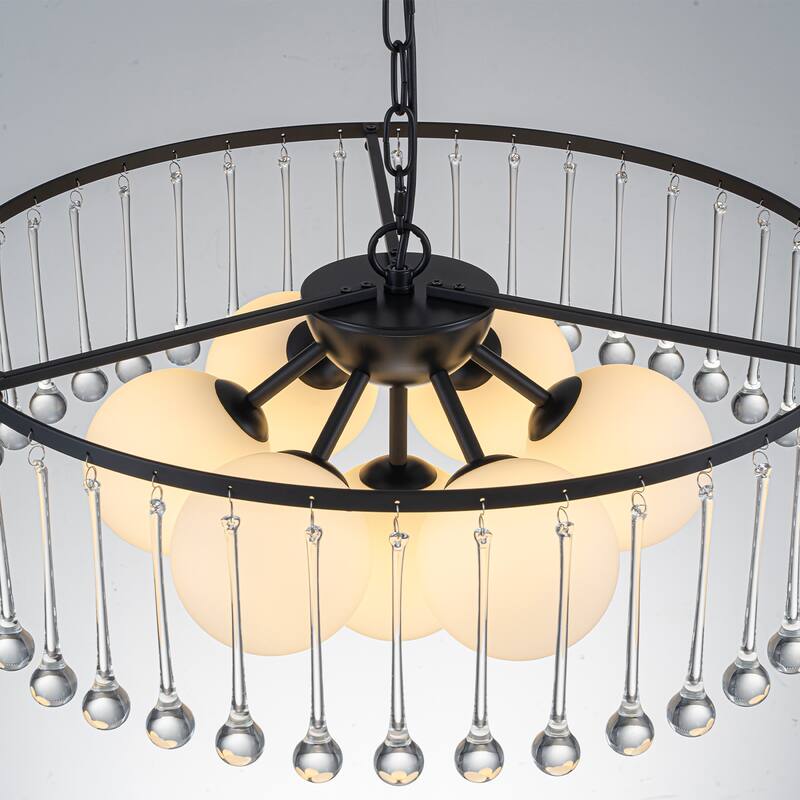 7-Light Modern Circular Chandelier with White Glass & Crystal Accents - Dia.23.62-in