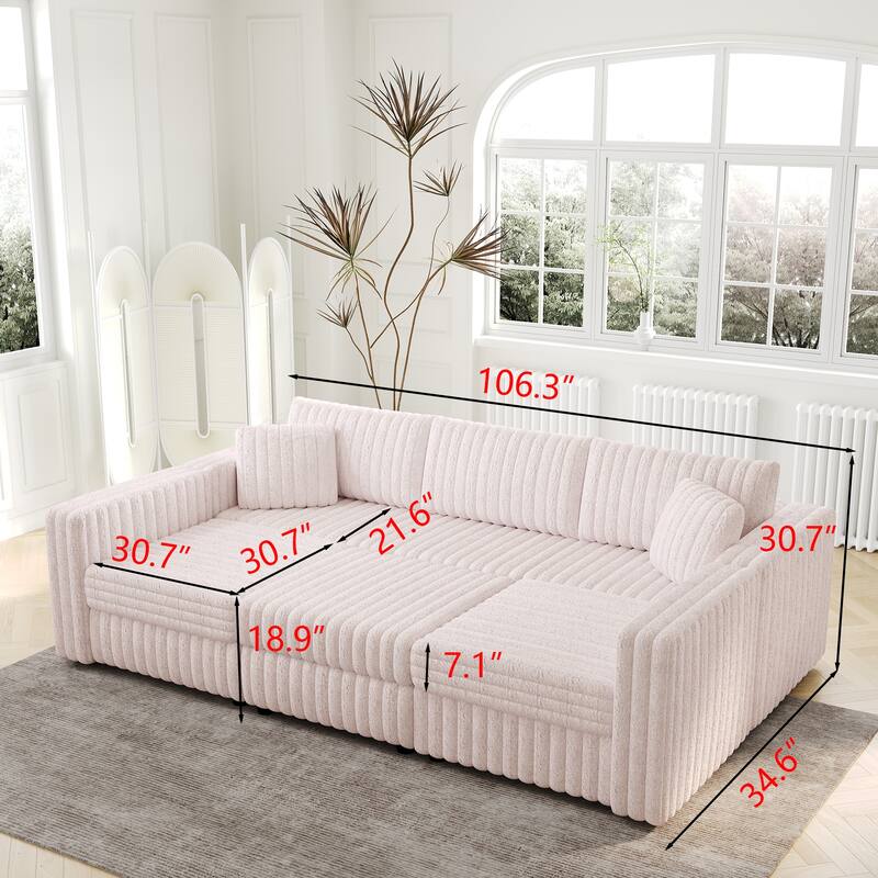106.3" Soft U-shaped 6-Person Sofa with 30.7" Hydraulic Lift Ottoman, Light Pink, Modular Design
