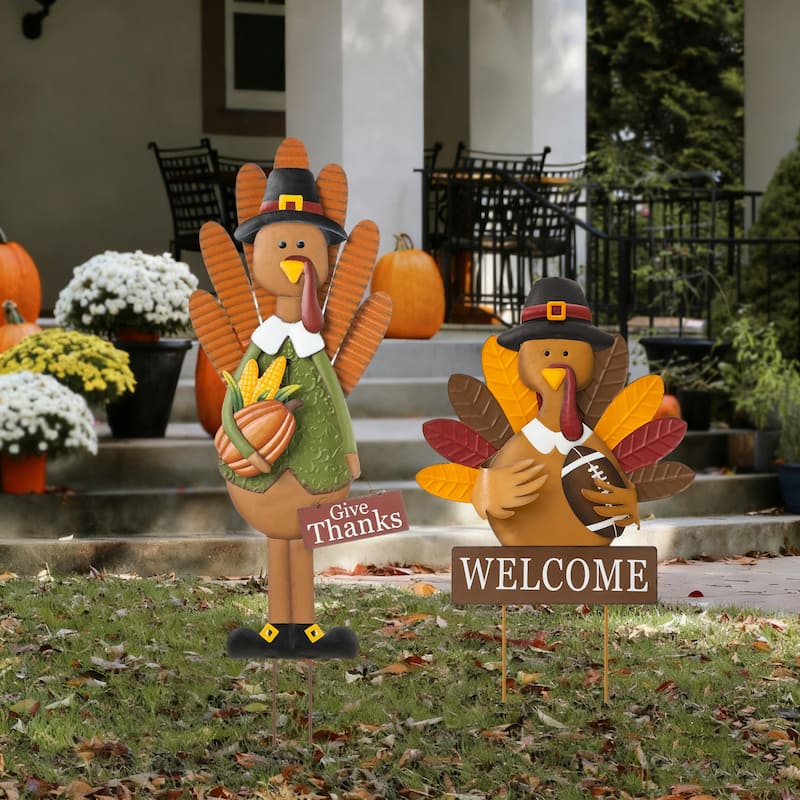 Glitzhome Fall Thanksgiving Metal Turkey Pumpkins Yard Stake
