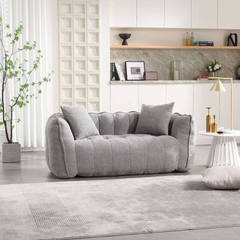 2-Seater Chenille Bean Bag Loveseat, Soft Square Recliner Sofa with High-Resilience Foam, Armrests & 2 Pillows