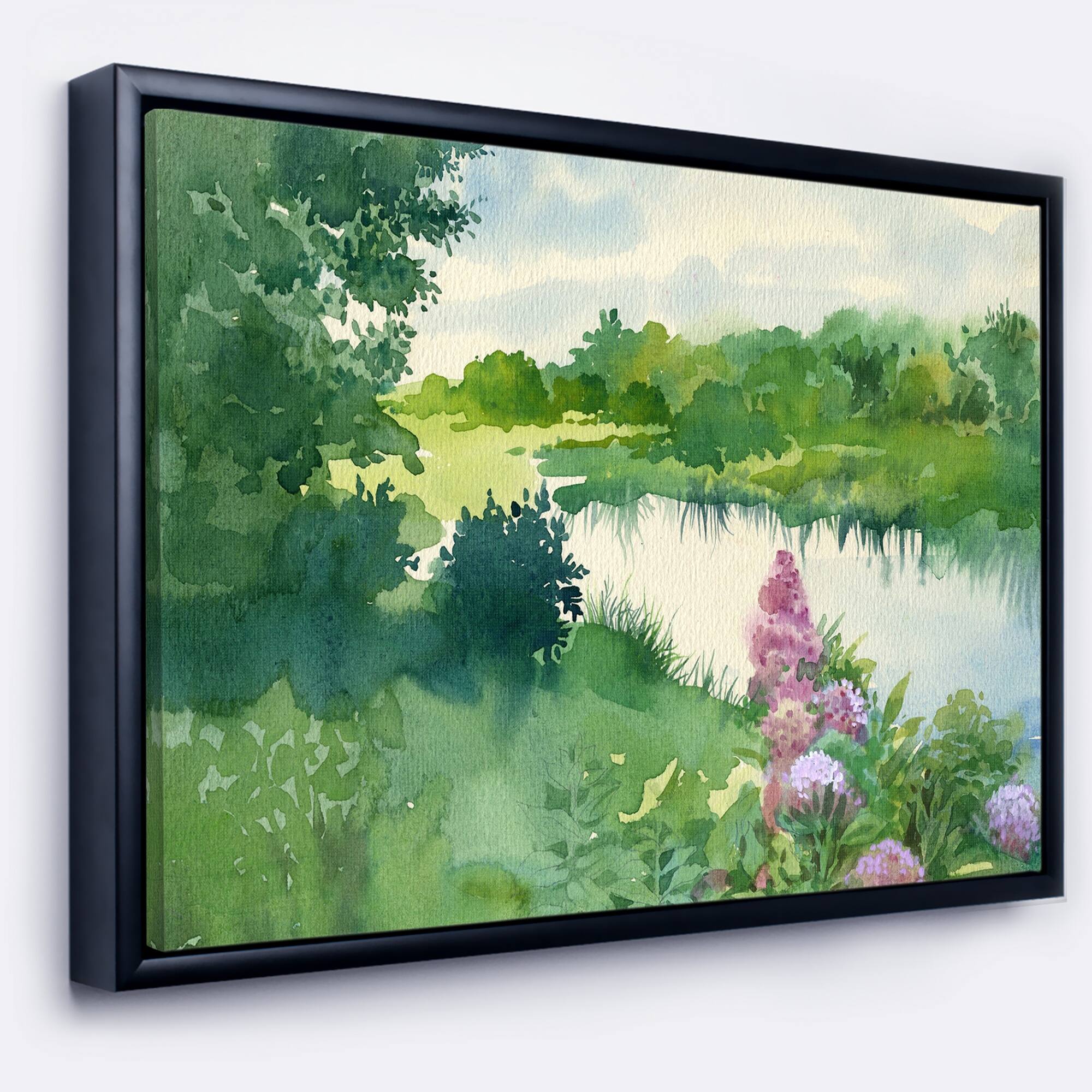 Designart "Green Riverside Land Watercolor" Landscape Framed Canvas Art Print Bed Bath