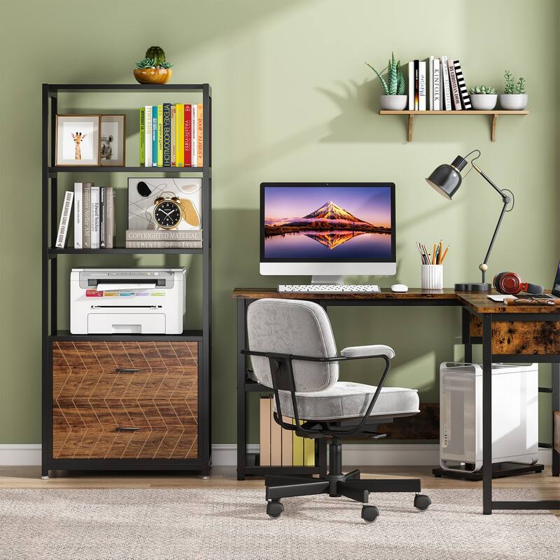 4-Tier Rustic Bookcases with 2 Drawers, Etagere Standard Book Shelves Display Shelf for Home Office