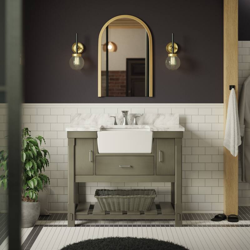 KitchenBathCollection Charlotte 42" Farmhouse Bathroom Vanity with Carrara Marble Top - Weathered Gray