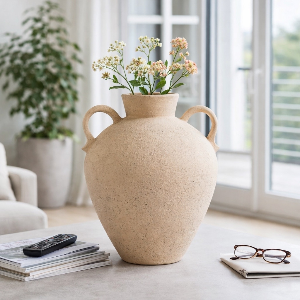 Decorative Vase - Black Ceramic Amphora Two Handles, 16 in.