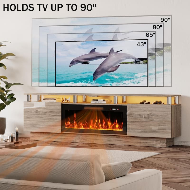 BOSSIN Modern 80" TV Stand with 36" Fireplace & LED Lights for TVs Up to 90", White with Golden Pillars, Storage Cabinets