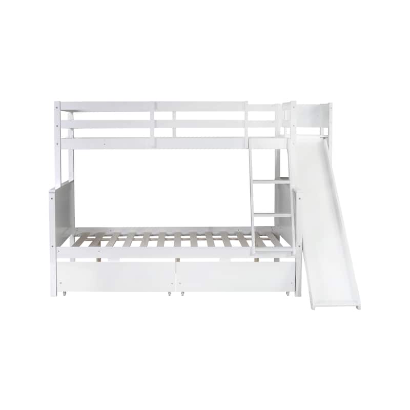 Twin Over Full Kids Bunk Bed with 2 Underbed Drawers and Slide, Rubberwood Bunk Bedsframe with Ladder for Bedroom Boys Girls