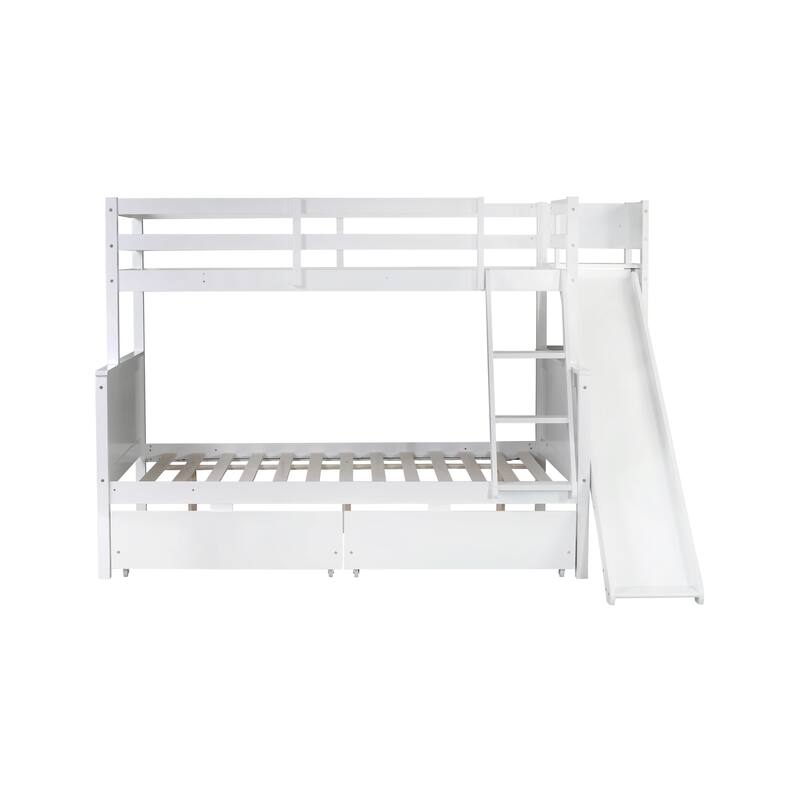 Twin over Full Bunk Bed with Built-In Slide, Storage Drawers, and Shelves for Kids, Rubber Wood Construction
