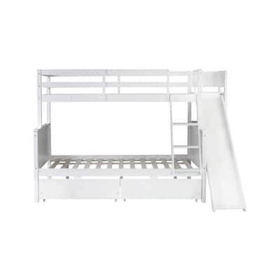Twin over Full Bunk Bed with Built-In Slide, Storage Drawers, and Shelves for Kids, Rubber Wood Construction