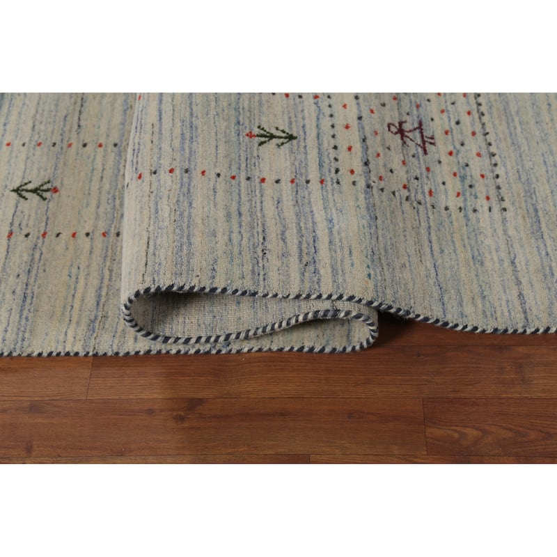 Striped Tribal Gabbeh Oriental Area Rug Hand-Knotted Beige Wool Carpet - 9'3"x 11'7"