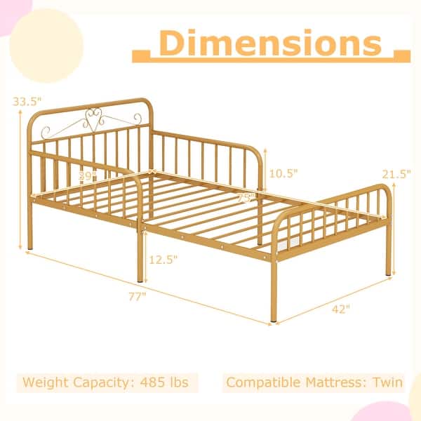 dimension image slide 1 of 3, Twin Size Bed Frame with Headboard and Safety Side Guardrails-Black