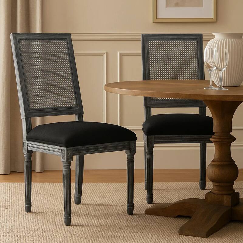 Marsie Dining Chair Set of 2, Black Fabric, Wood Frame Cane Backrest