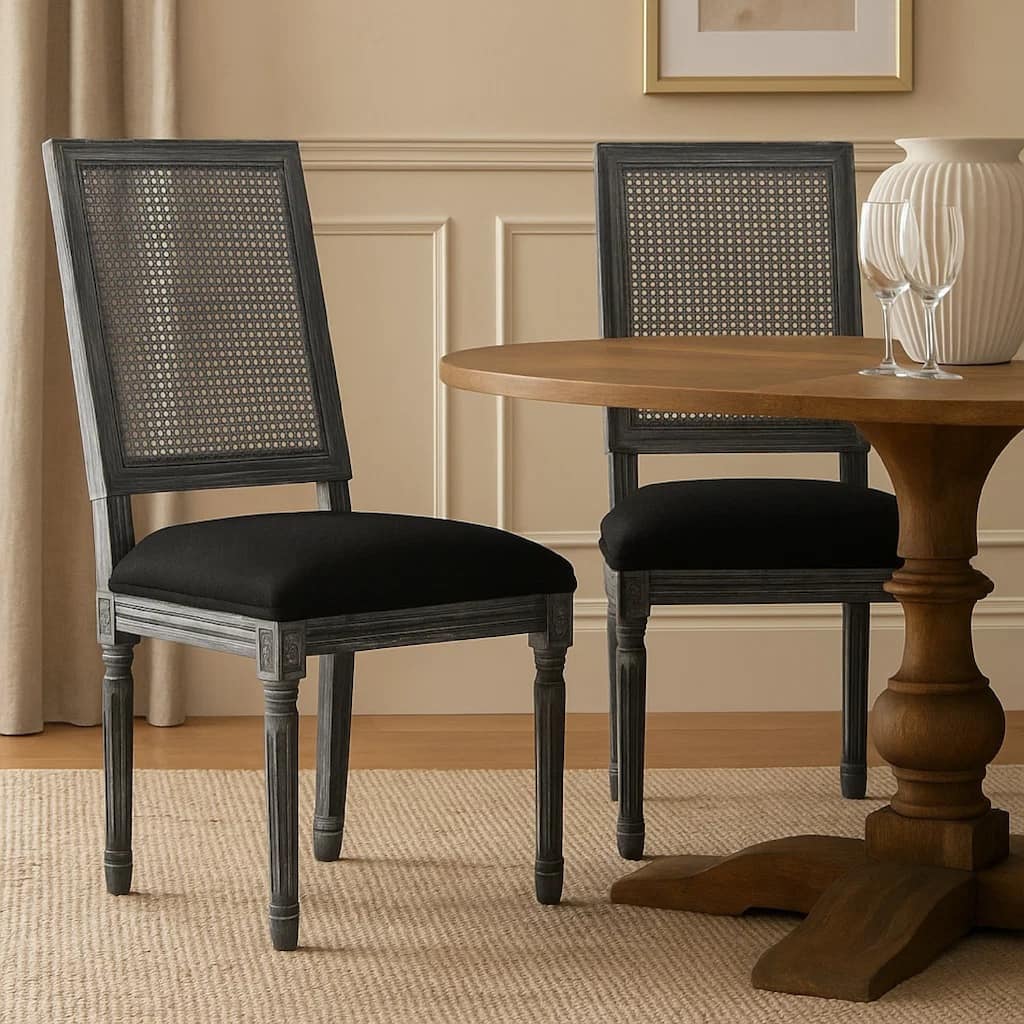 Marsie Dining Chair Set of 2, Black Fabric, Wood Frame Cane Backrest