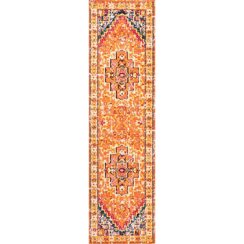 JONATHAN Y Audrey Geometric Medallion Area Rug - 2 X 8 - Orange/Blue