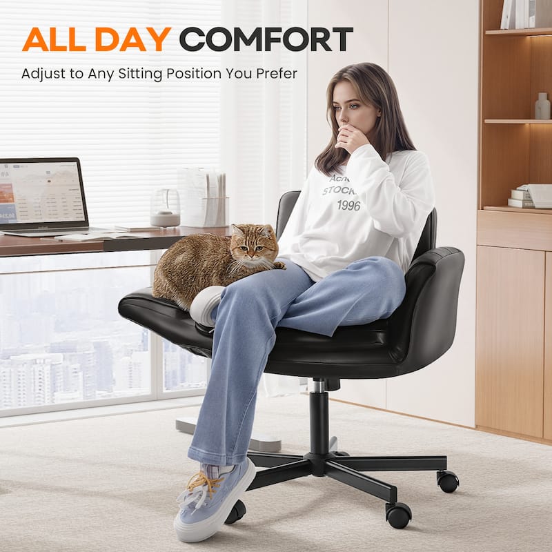 BOSSIN Criss Cross Office Chair with Arms and Wheels - Adjustable Swivel PU Leather Desk Chair for Makeup Vanity, Bedroom