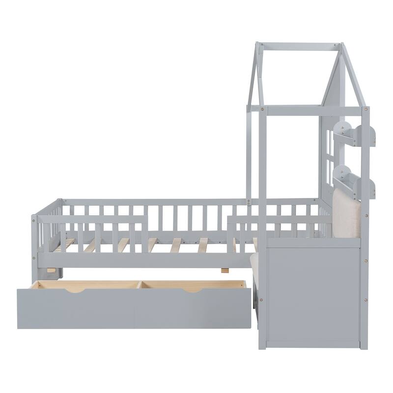 Twin Size House Bed for Kids with Linen Sofa, Storage Drawers, and Shelf, Playhouse Design, White/Grey