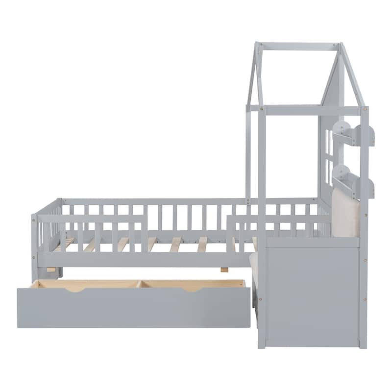 Wooden Twin Size House Bed Frame with Sofa and 2 Drawers, Kids Platform Bed with House Shaped Headboard and Storage Shelves