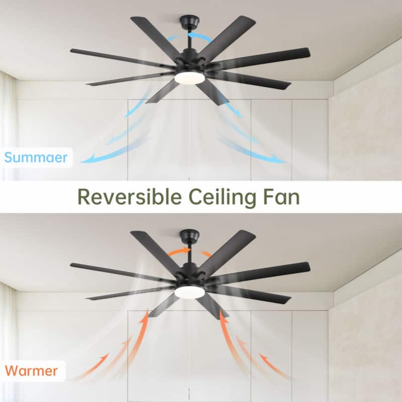 66 Inch Modern Ceiling Fan With Dimmable Led Light 8 ABS Blades Remote Control Reversible DC Motor Black For Home Office