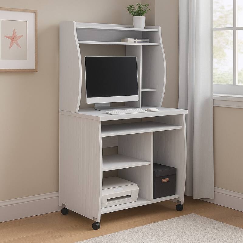 Niro Utility Desk Cart with Hutch, 7 Shelves, 53 Inch White Wood