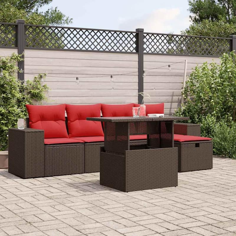 vidaXL Patio Sofa Set with Cushions Sectional Couches 6 Piece Poly Rattan - 21.7 x 24.4 x 27.2 - Brown