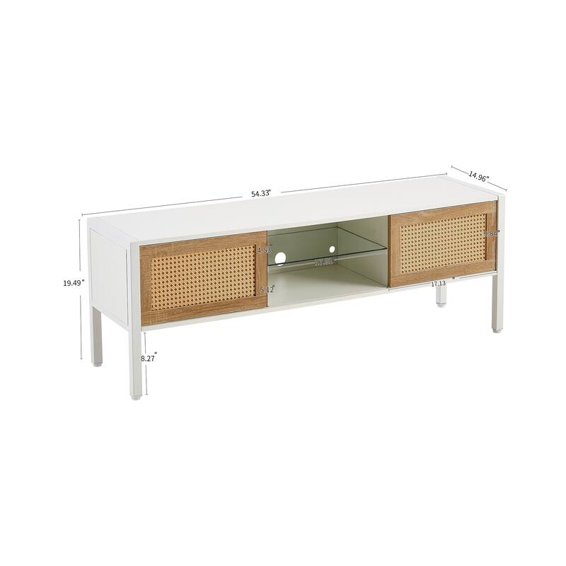 54.33" Rattan TV cabinet with variable color light strip, double sliding doors for storage, adjustable shelf, metal legs