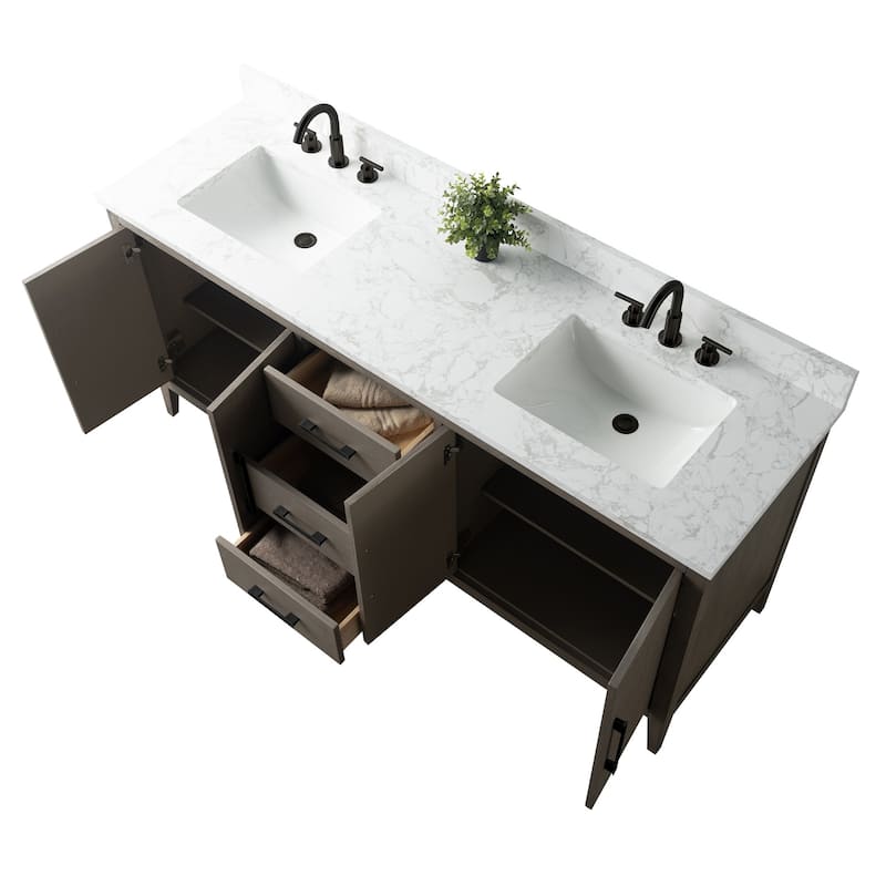 Vanity Art 72" Double Sink Bathroom Vanity Cabinet with Engineered Marble Top