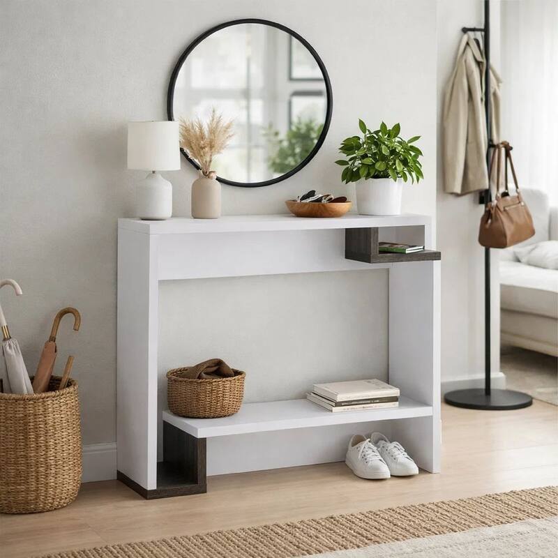 36 Inch Modern Console Table, Multilevel Wood Shelves, Gray and White
