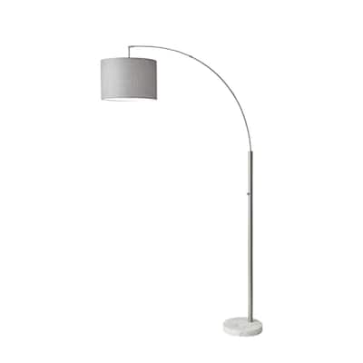 74" Tall Modern Silver Arched Floor Lamp with Grey Linen Drum Shade and White Base for Living Room - 73.5"H x 11”W x 48”D