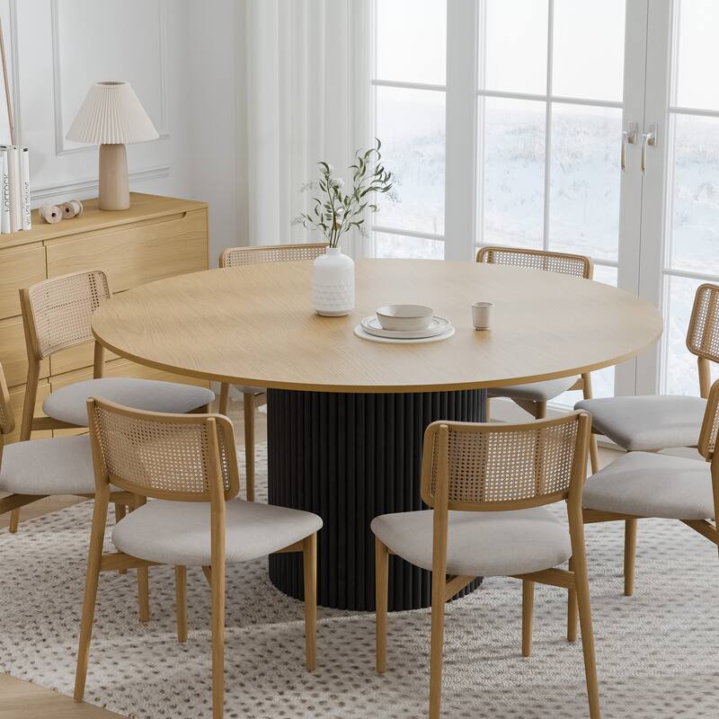 Solid Wood Round Dining Table Kitchen Table with Tabletop & Concave Cylinder Legs for Living/Dining Room Coffee Office - 60 in.W x 30 in.H - Natural+Black