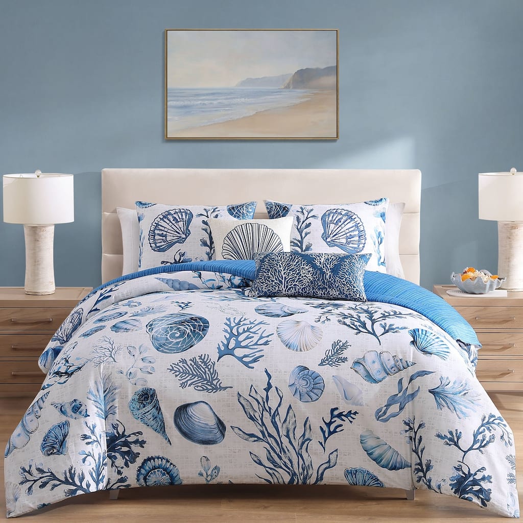 Bebejan Shells and Seaplants 100 % Cotton Sateen 5 Piece Reversible Comforter Set