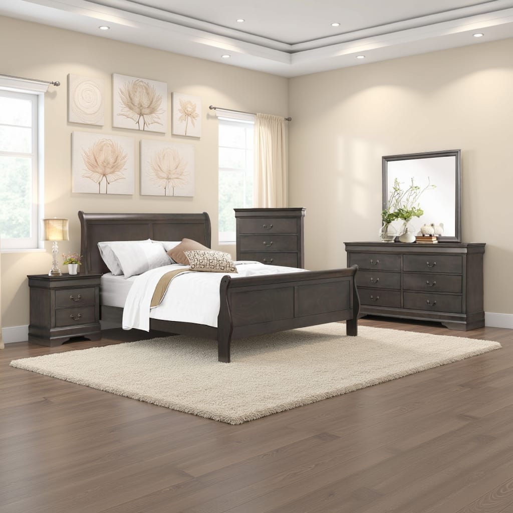 Fy Four Piece California King Bedroom Set, Brass Metal Handles, Stained Gray