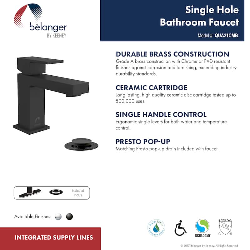 Belanger Single Handle Bathroom Faucet with Drain, Matte Black