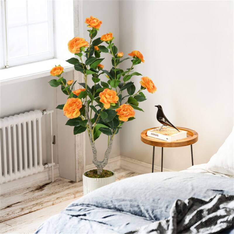 Set of 2 Artificial Camellia Trees 36 Inch Lifelike Indoor Decorative Plants with Cement Pots - 5" x 36"