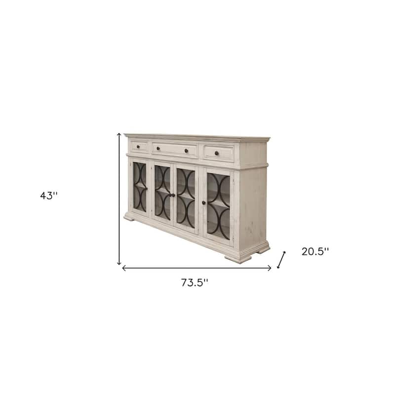 HomeRoots 74" Ivory Solid and Manufactured Wood Distressed Credenza - 73.50 in. x 43.00 in. x 20.50 in.