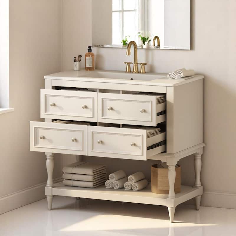 36 Inch Bathroom Vanity Sink Combo, Undermount Ceramic Basin, MDF and Solid Wood Cabinet with 4 Storage Drawers