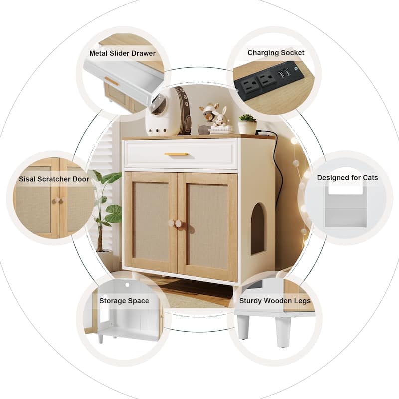 Anmytek Cat Litter Box Furniture Multi Functional Storage Cabinet with Scratching Post Hidden Enclosure Modern