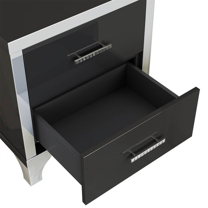 Elegant High Gloss Nightstand with Metal Handle,Mirrored Bedside Table with 2 Drawers for Bedroom,Living Room