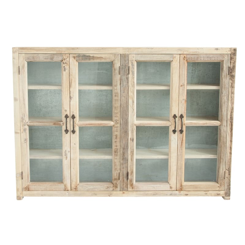 Reclaimed Wood Cabinet with 4 Glass Doors, 4 Shelves & Zinc Metal Backing (Each one will vary) - Brown