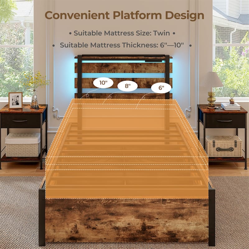 Gymax Twin Size Bed Frame w/ Drawers LED Lights Outlets & USB Ports