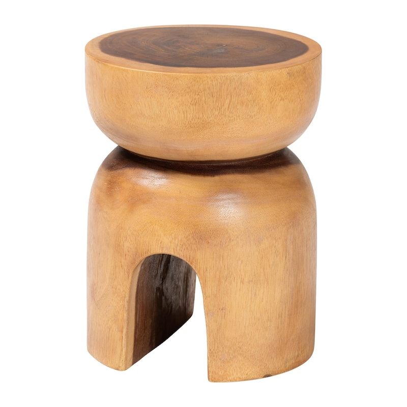 Abrina Solid Suar Wood Side Table - Hand-Carved Sculptural End Table with Arched Base, Modern Boho Style - Natural Brown