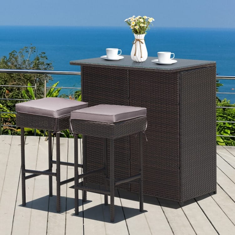 3-Piece Patio Rattan Wicker Bar Set with 2 Cushioned Stools for Outdoor Entertaining - 40" x 24" x 41.5" (L x W x H)