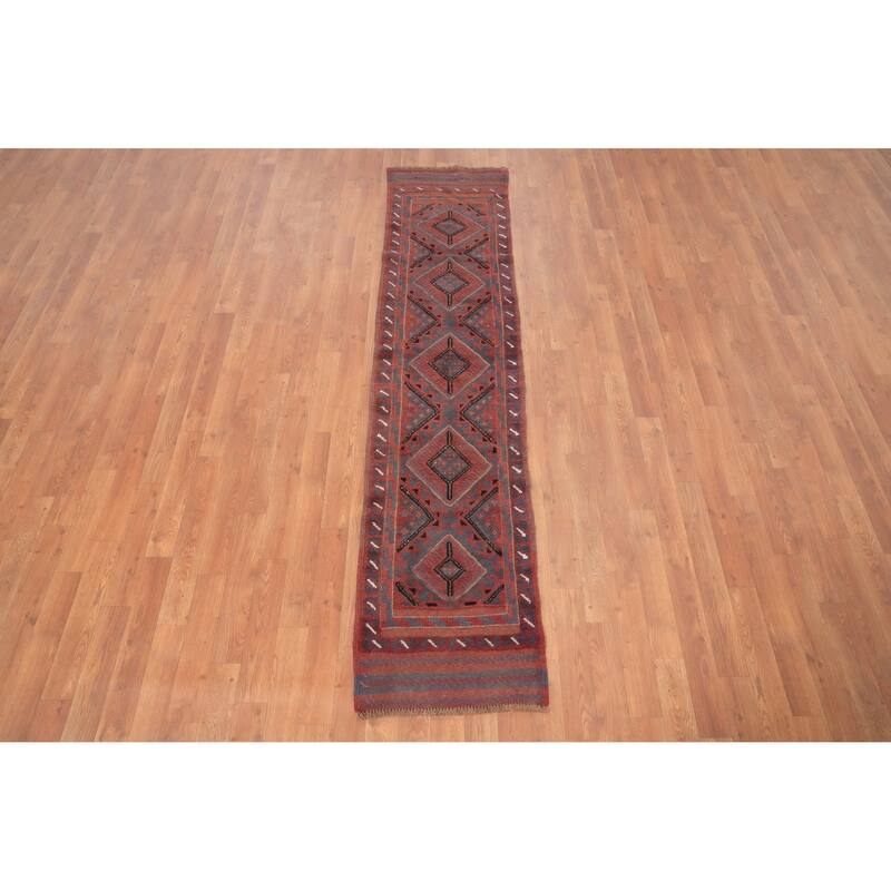 Hand Knotted Oriental 100% Wool Carpet Traditional Tribal Navy Blue & Blues Balouch Runner Rug - 7' 9'' X 1' 9''
