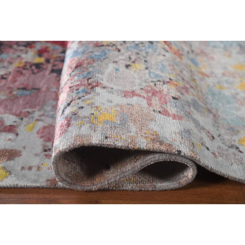 Hand Knotted Oriental 100% Silk Carpet Modern Floral Greys & Charcoal Abstract Area Rug - 10' 3'' X 8' 0''