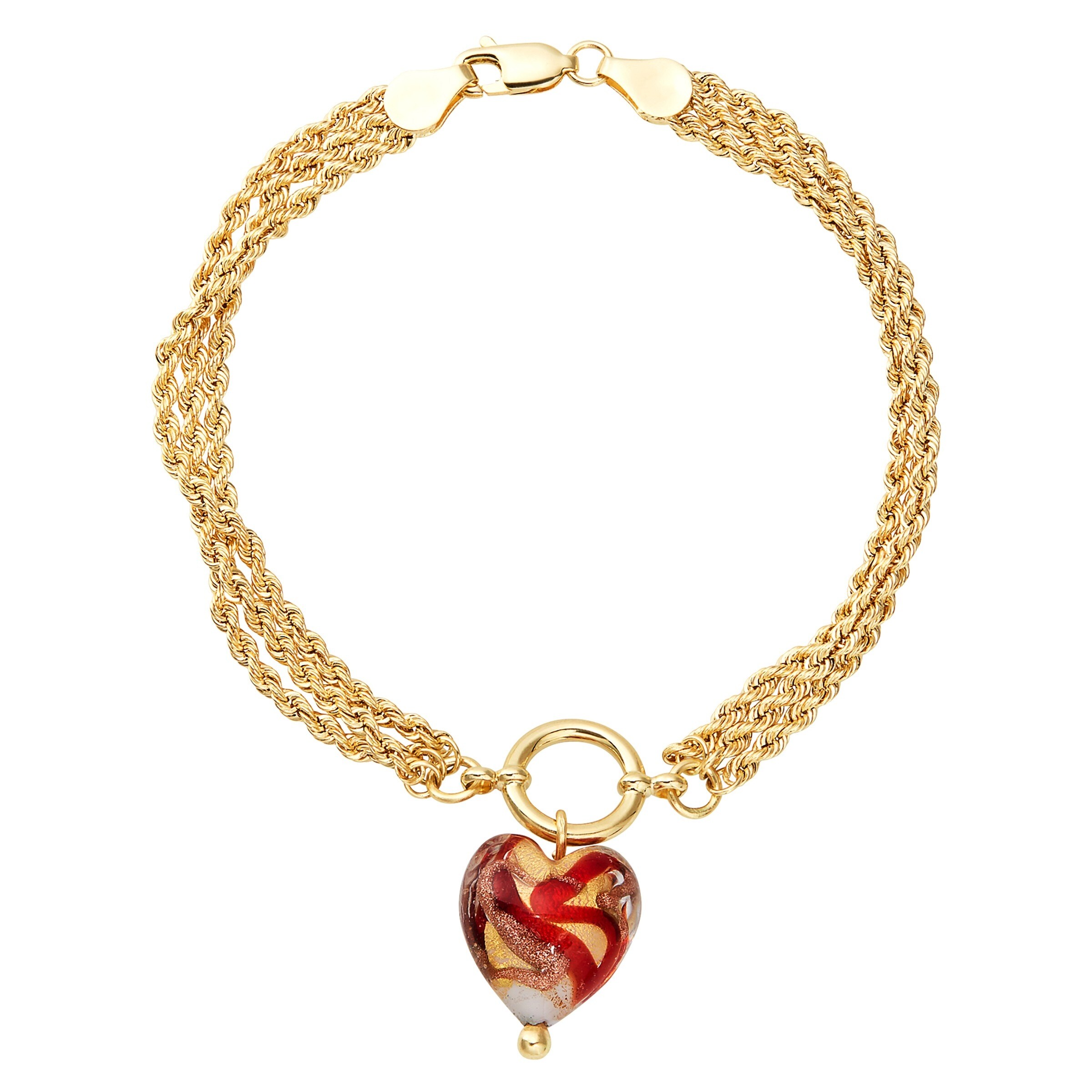 Shop Murano Glass Heart Triple Chain Bracelet In 10k Gold 7 5 Red On Sale Overstock 30773104