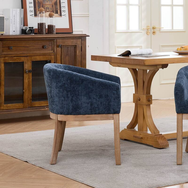 Mid Century Modern Upholstered Barrel Dining Chairs with Arms, Farmhouse Linen Kitchen Chairs with Natural Hardwood Frame